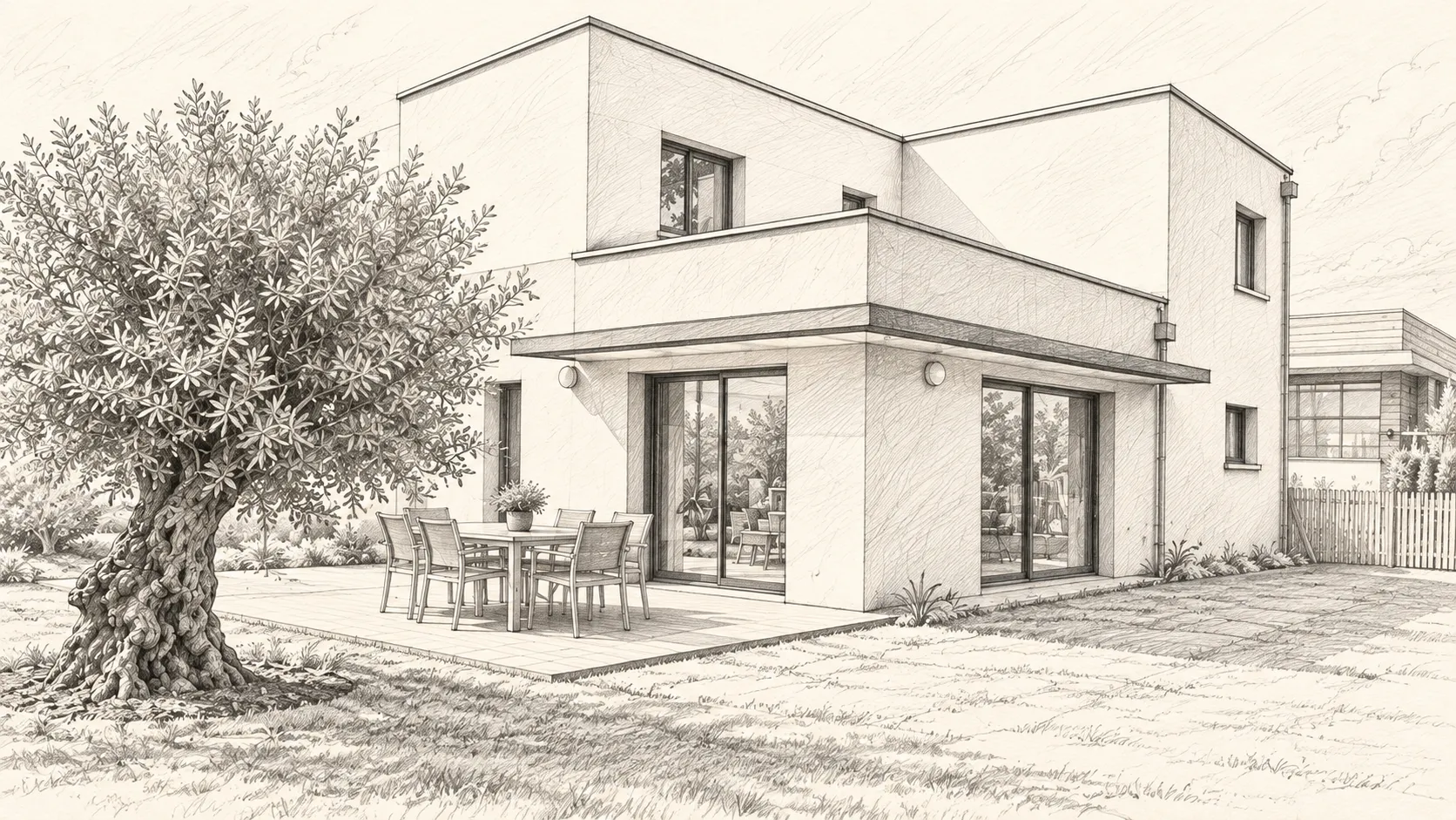 Illustration de la maison de Beaucouzé et de son olivier, au trait